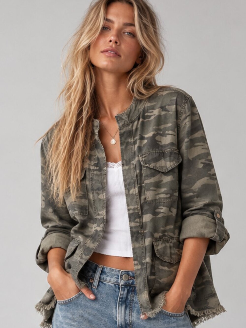 ANTHROPOLOGIE Sanctuary Camo Fray Hem Utility Military Jacket Shacket Green SZ L